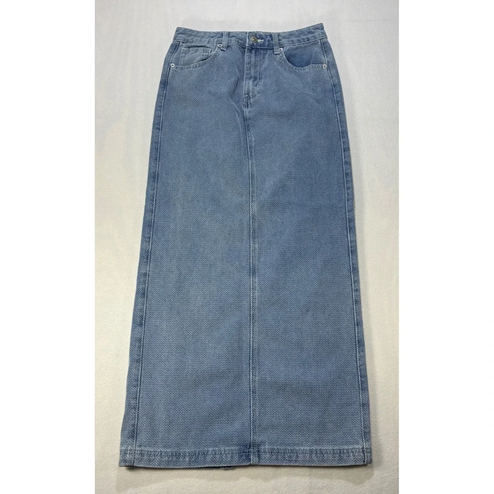 Forever 21 Herringbone Denim Maxi Skirt Women Small Blue Chevron Long Slit Jean
